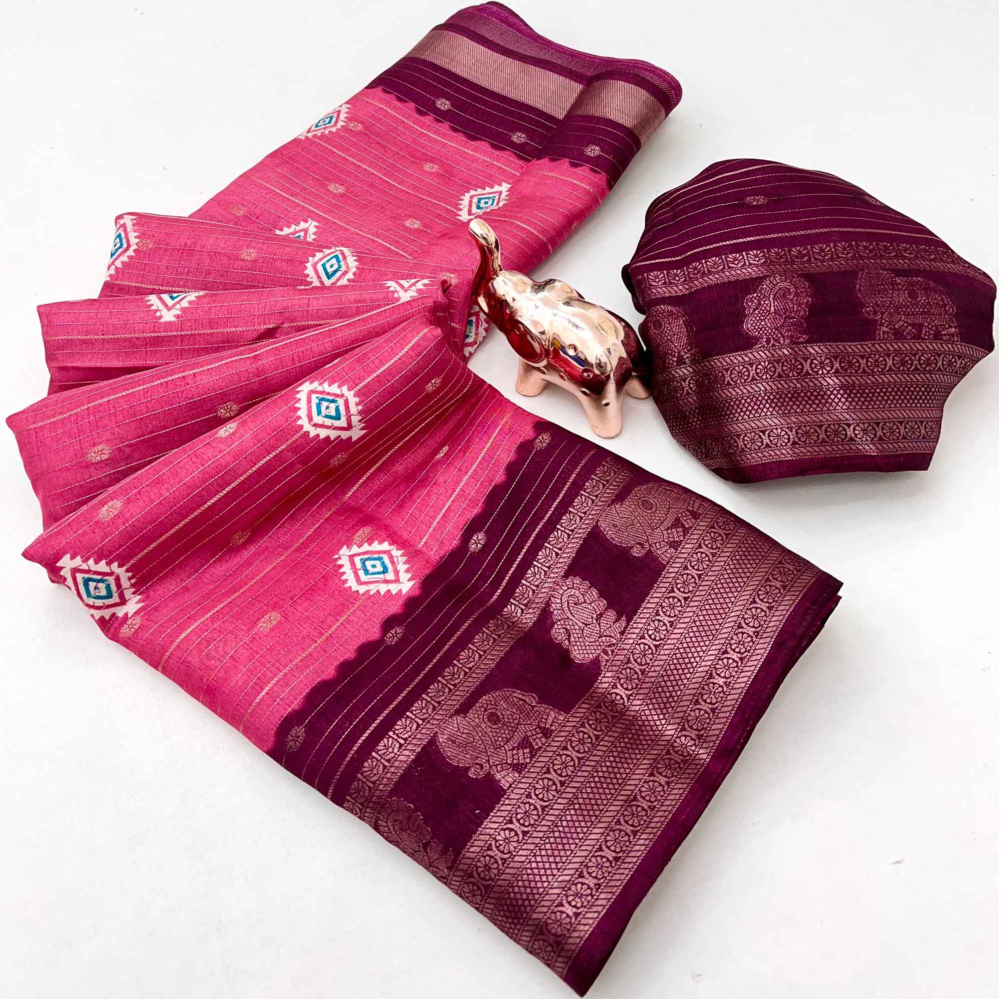 Charming Pink Printed Cotton Silk Saree With Elephant & Peacock Design Weaving Border