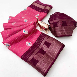 Charming Pink Printed Cotton Silk Saree With Elephant & Peacock Design Weaving Border
