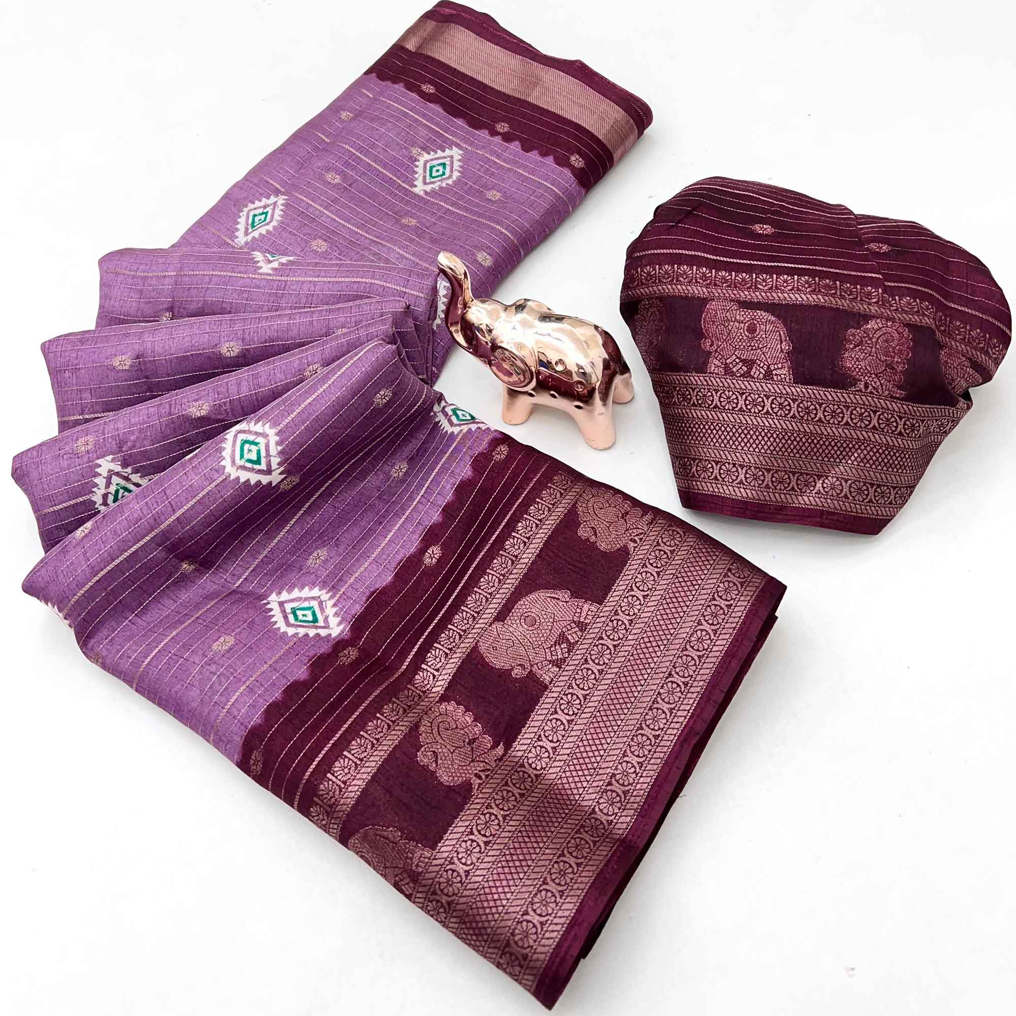 Charming Purple Printed Cotton Silk Saree With Elephant & Peacock Design Weaving Border