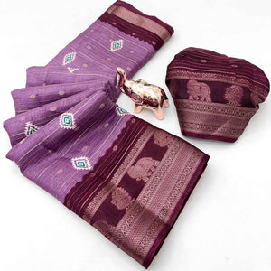Charming Purple Printed Cotton Silk Saree With Elephant & Peacock Design Weaving Border