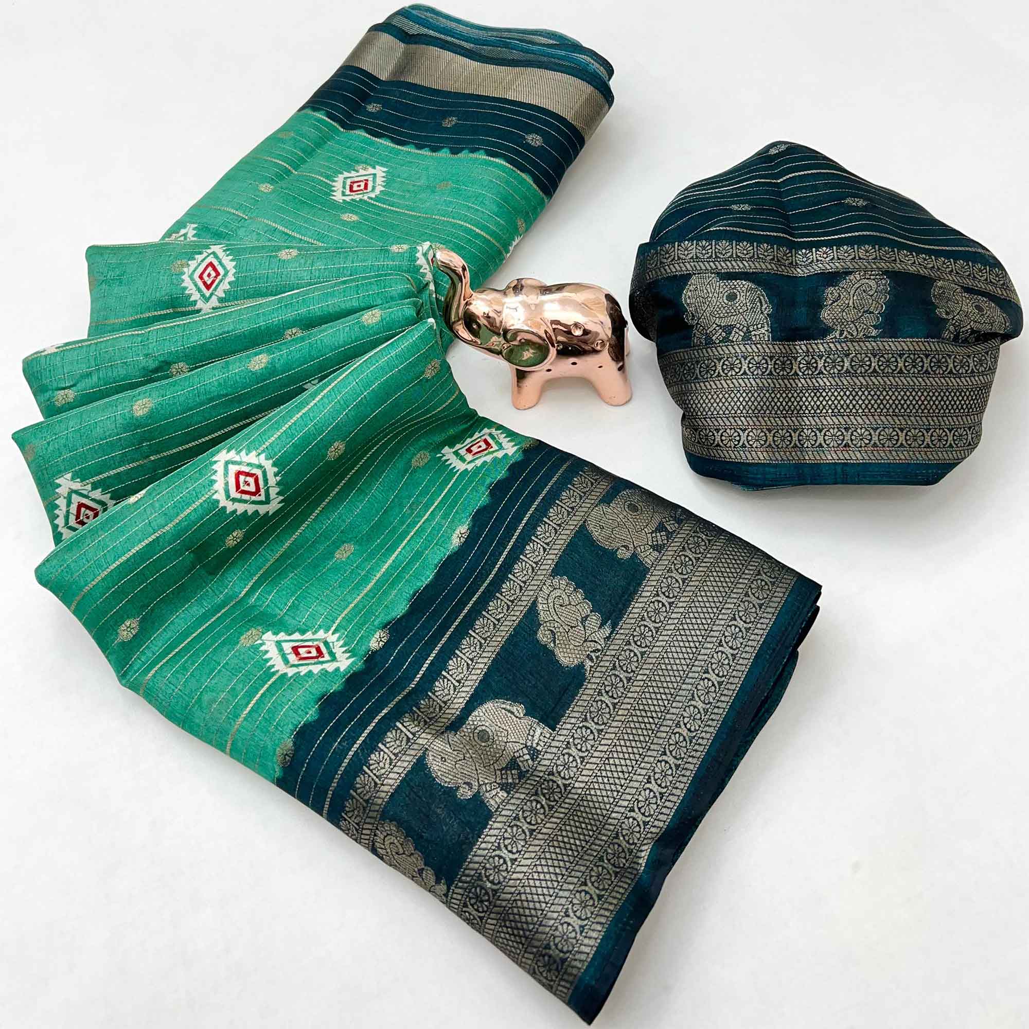 Charming Rama Green Printed Cotton Silk Saree With Elephant & Peacock Design Weaving Border