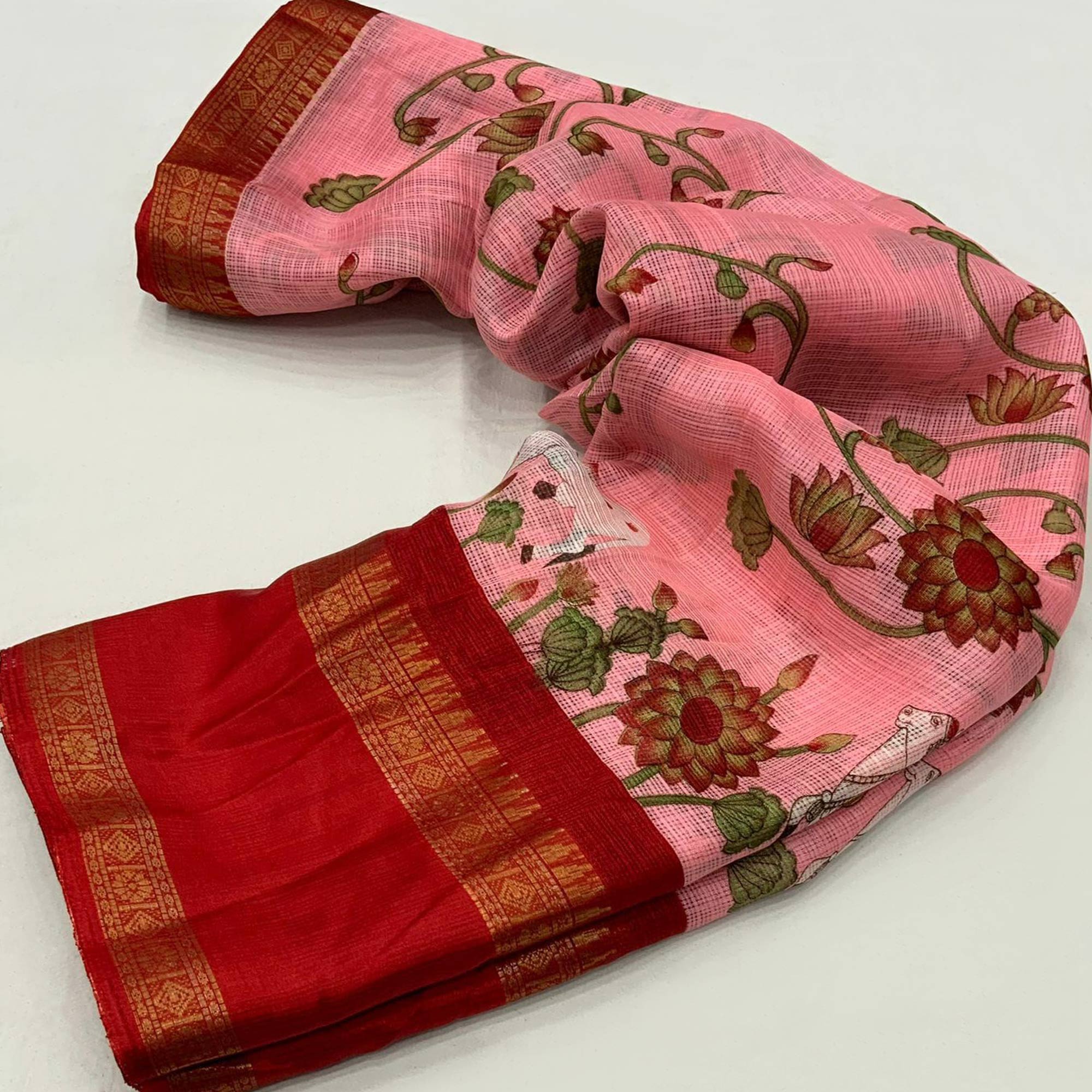 Baby Pink Floral Printed Kota Doria Saree