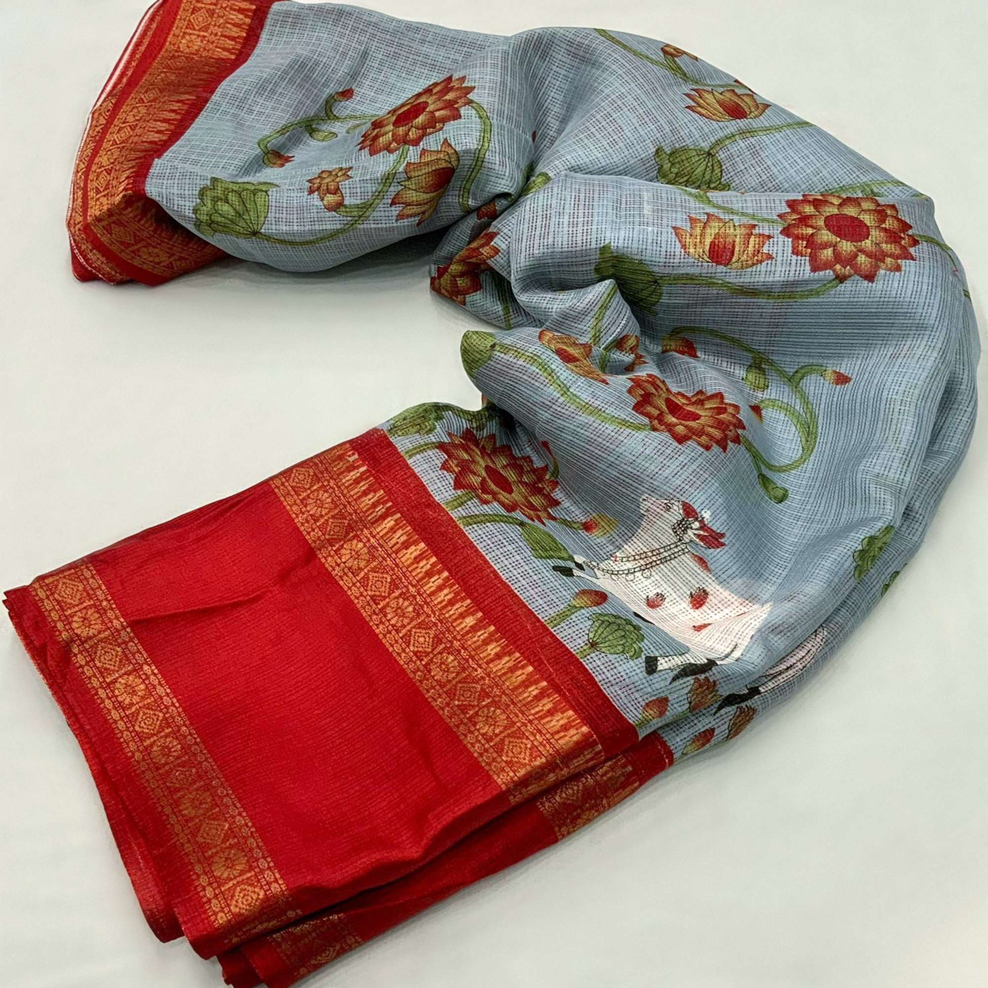 Grey Floral Printed Kota Doria Saree