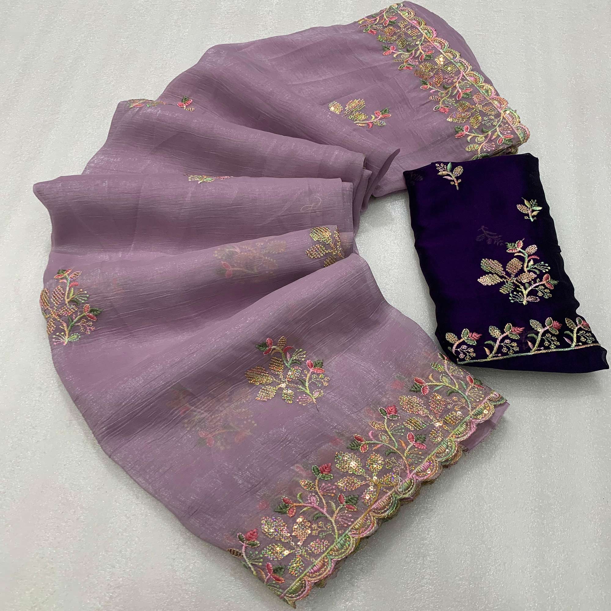 Purple Floral Embroidered Crunchy Chiffon Saree
