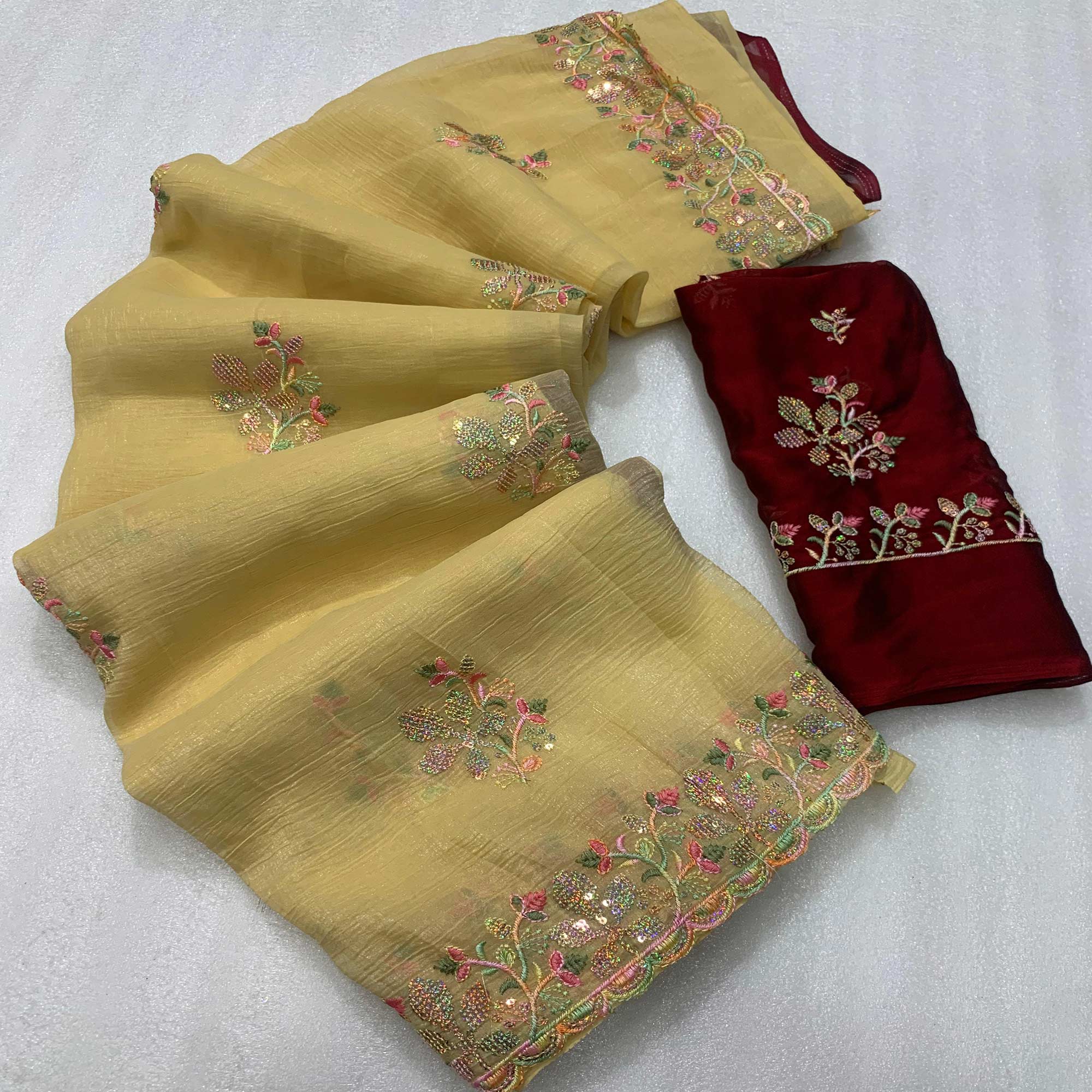 Yellow Floral Embroidered Crunchy Chiffon Saree