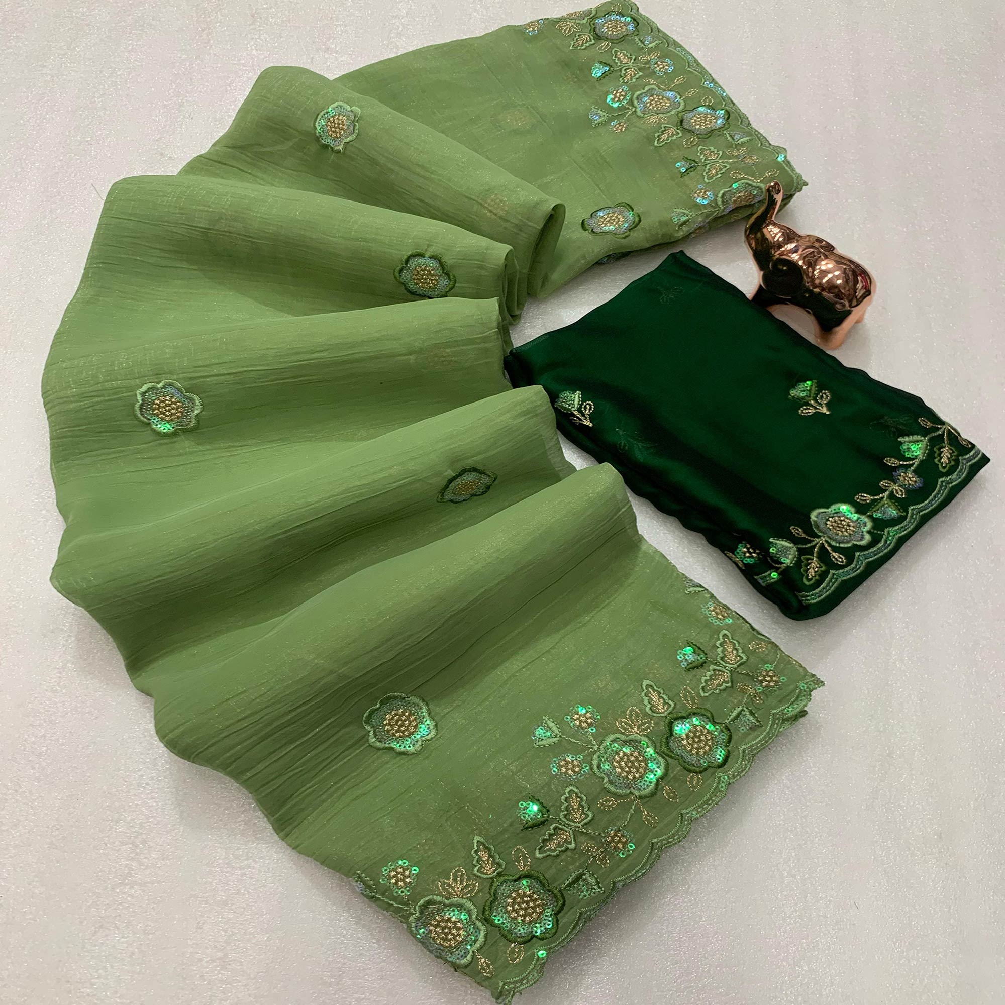 Green Floral Sequins Embroidered Chiffon Saree