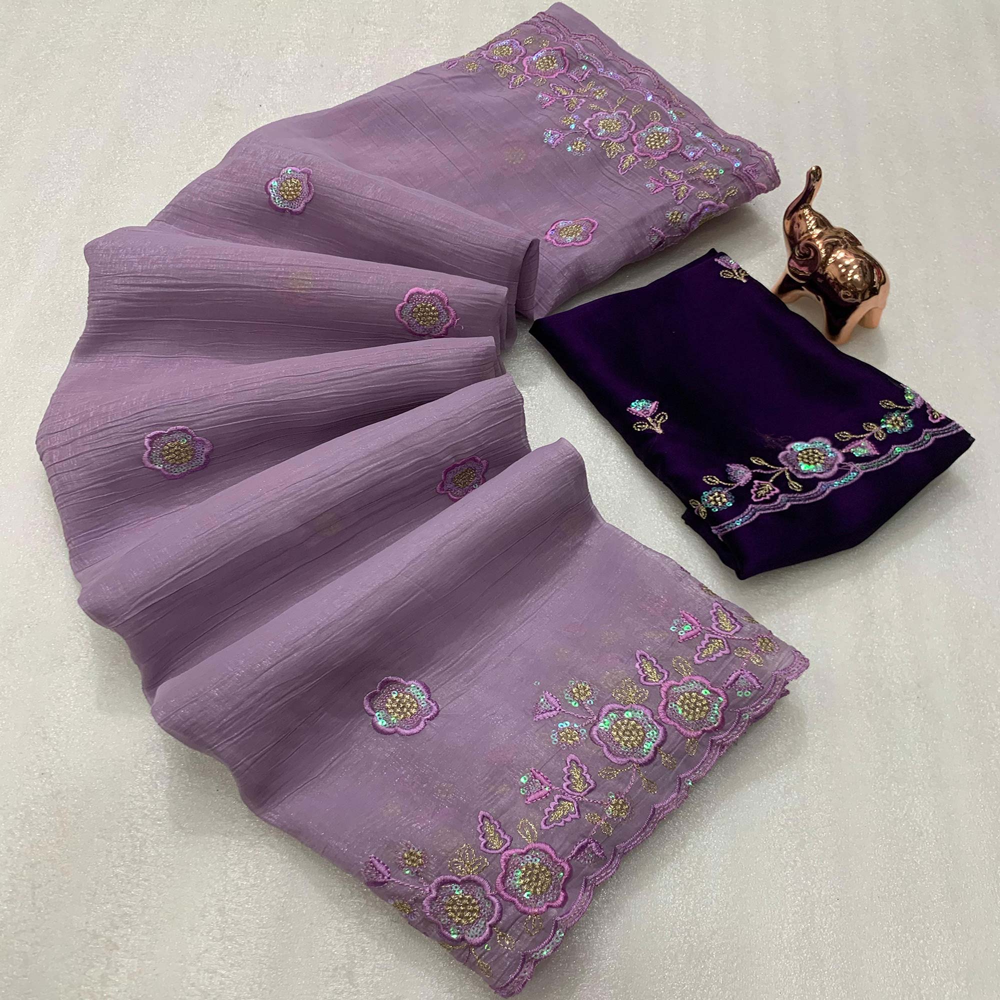 Lavender Floral Sequins Embroidered Chiffon Saree