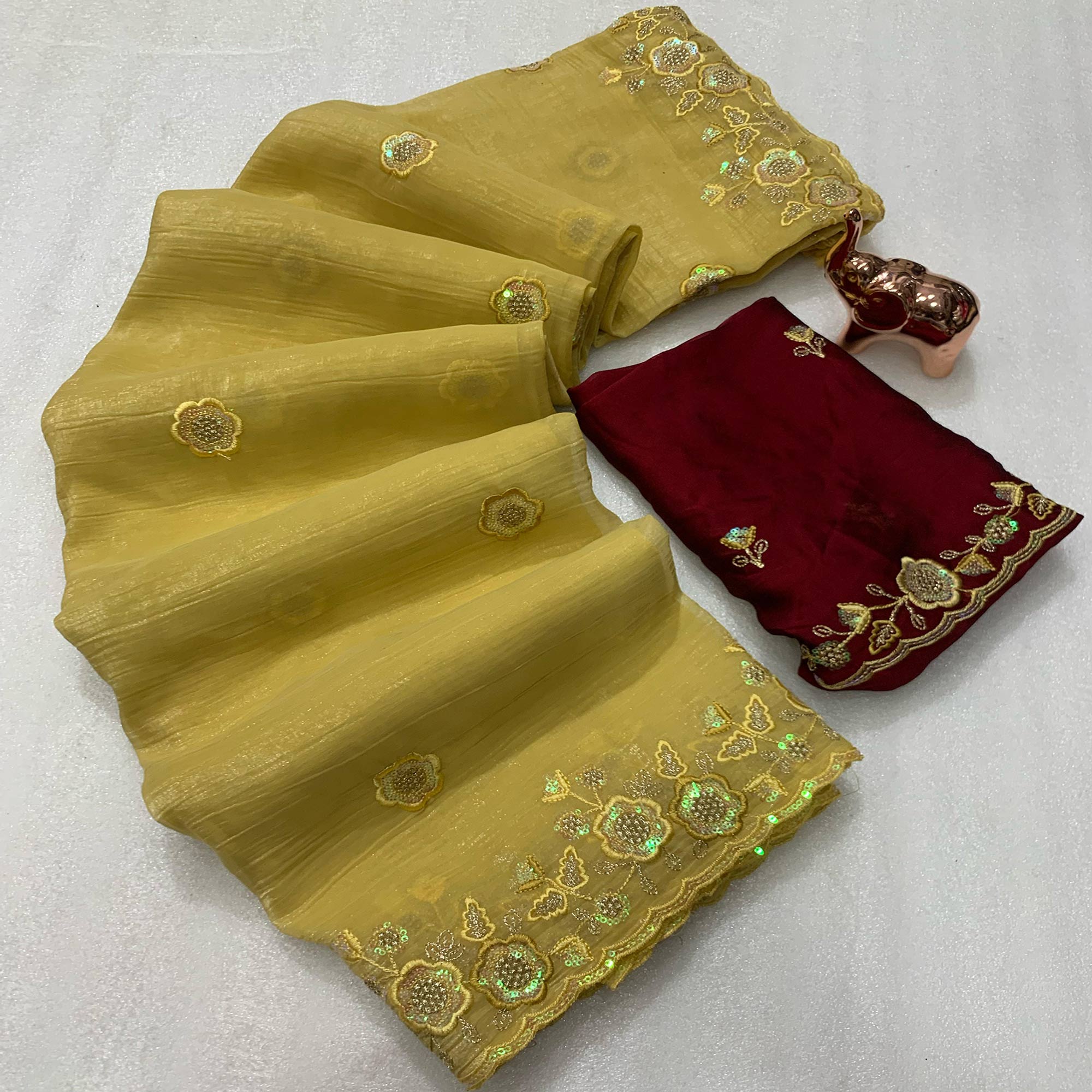 Mustard Floral Sequins Embroidered Chiffon Saree