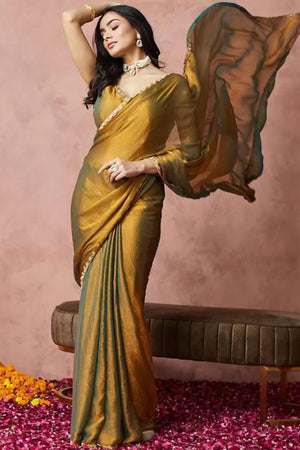 Shimmering Metallic Gold Chiffon Solid Saree With Stone Detailing