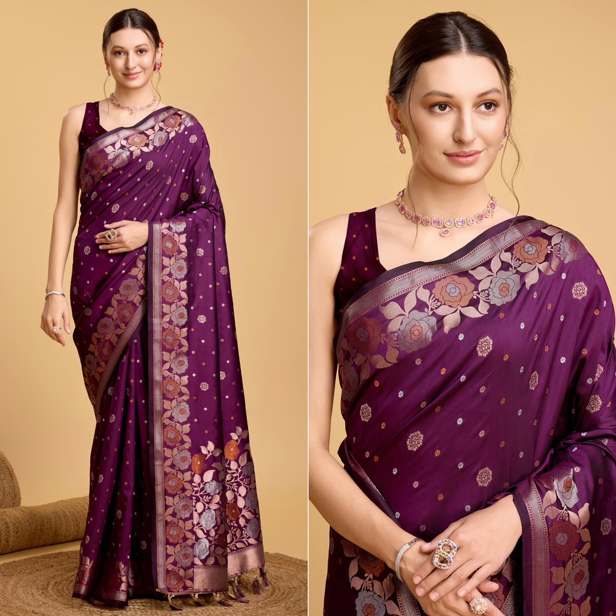 Purple Floral Woven Banarasi Silk Saree