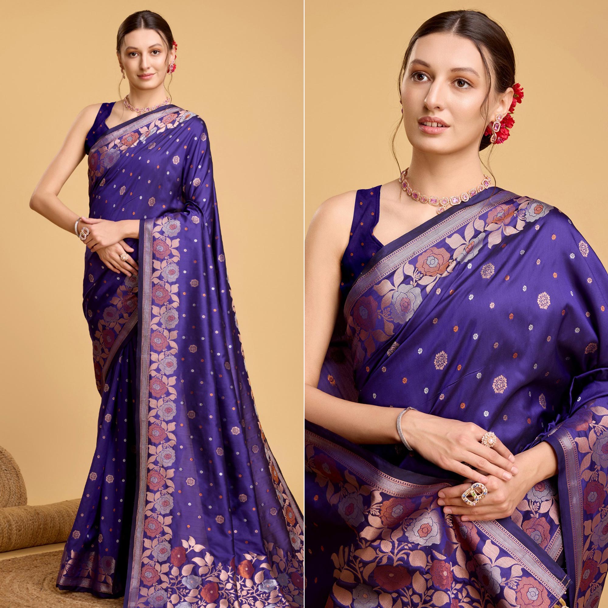 Violet Floral Woven Banarasi Silk Saree