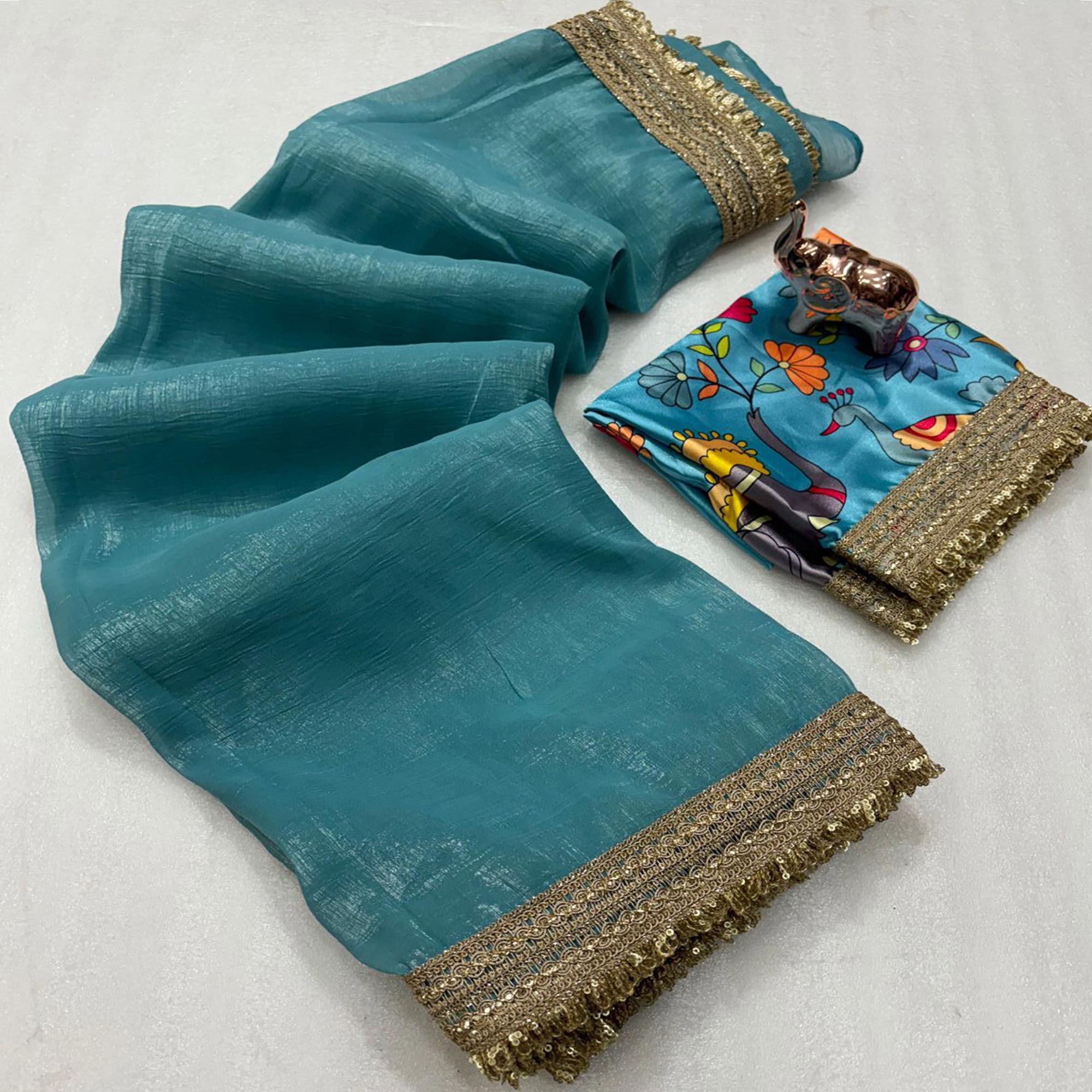 Blue Solid Fancy Fabric Saree With Zari Sequins Lace Border