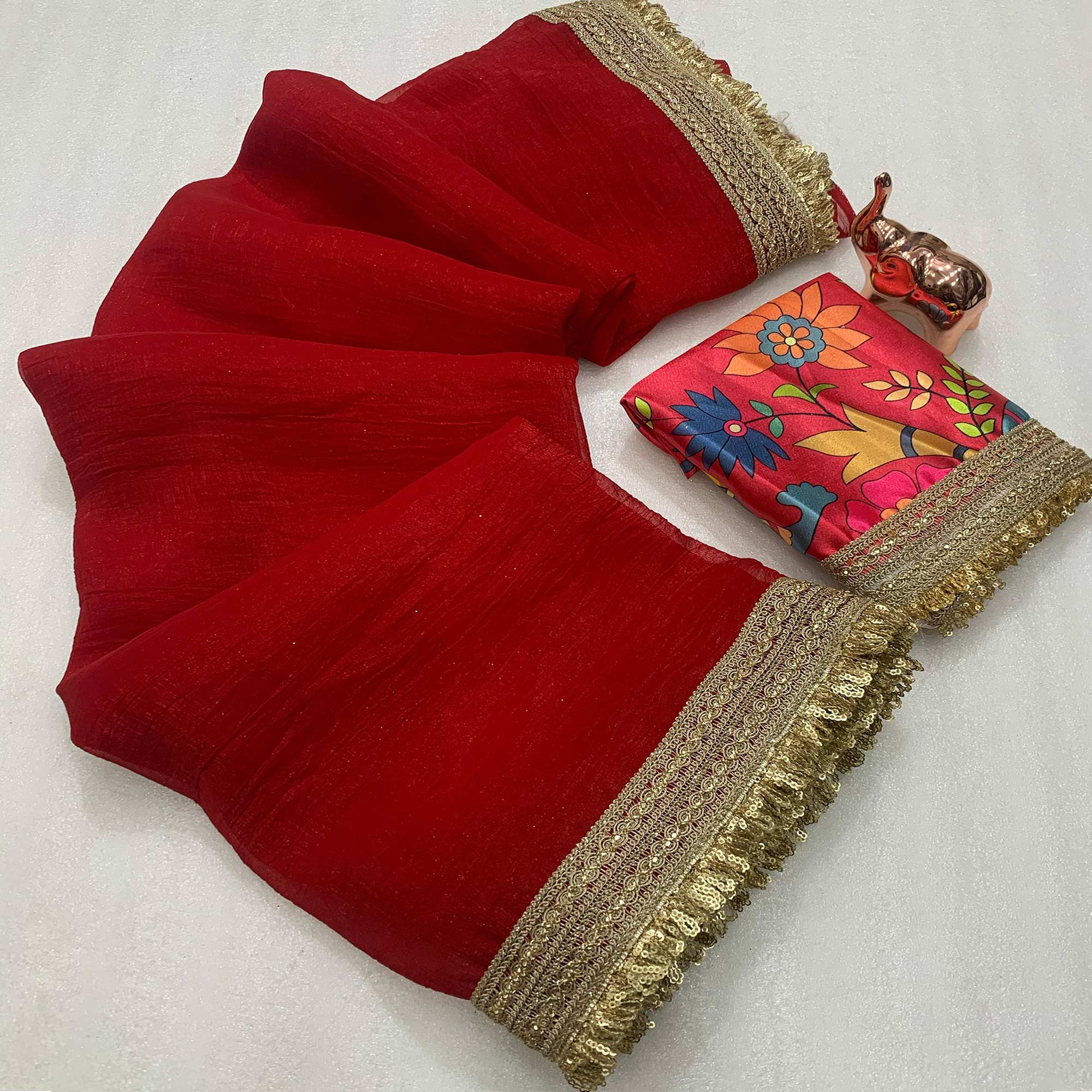Red Solid Fancy Fabric Saree With Zari Sequins Lace Border