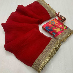 Red Solid Fancy Fabric Saree With Zari Sequins Lace Border