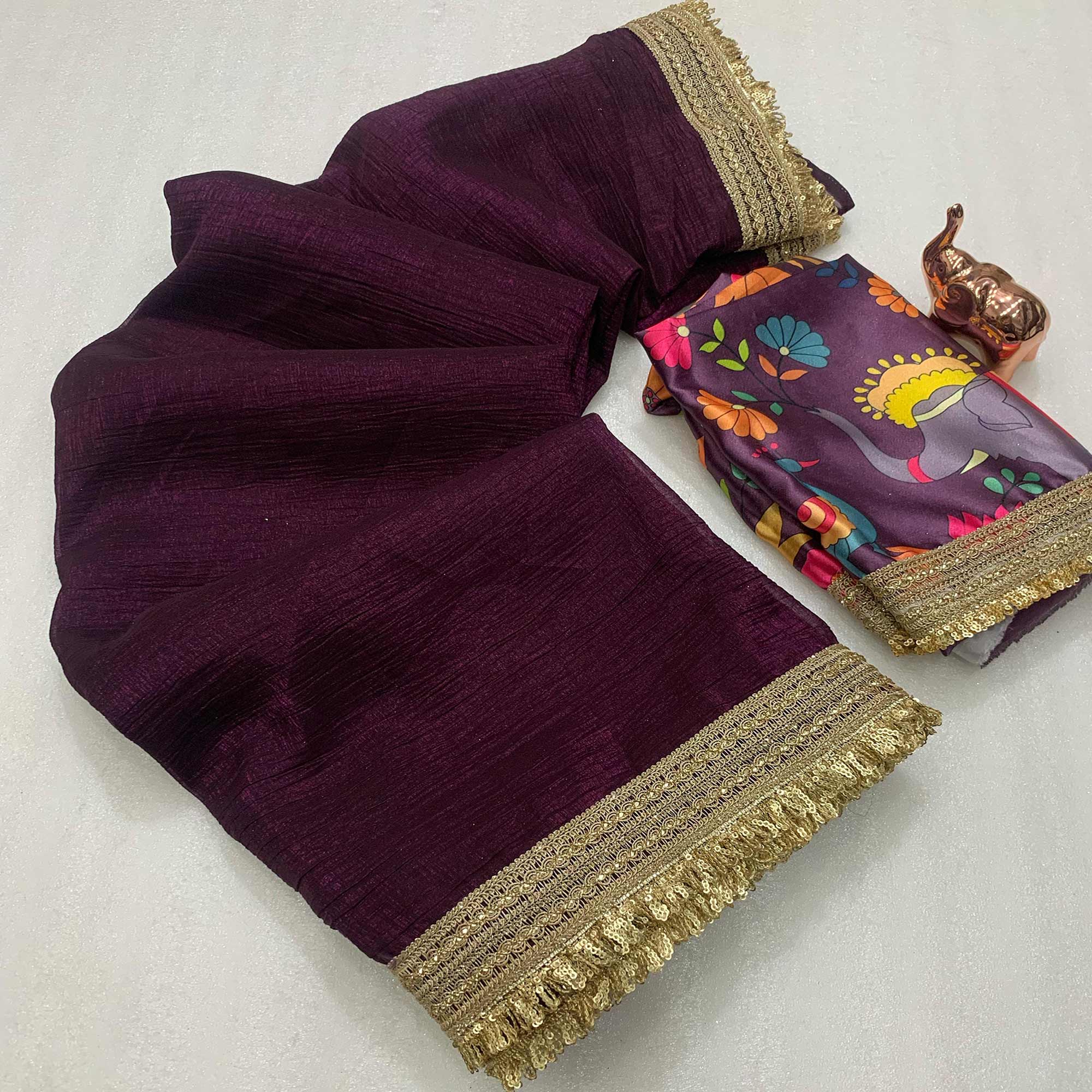 Wine Solid Fancy Fabric Saree With Zari Sequins Lace Border