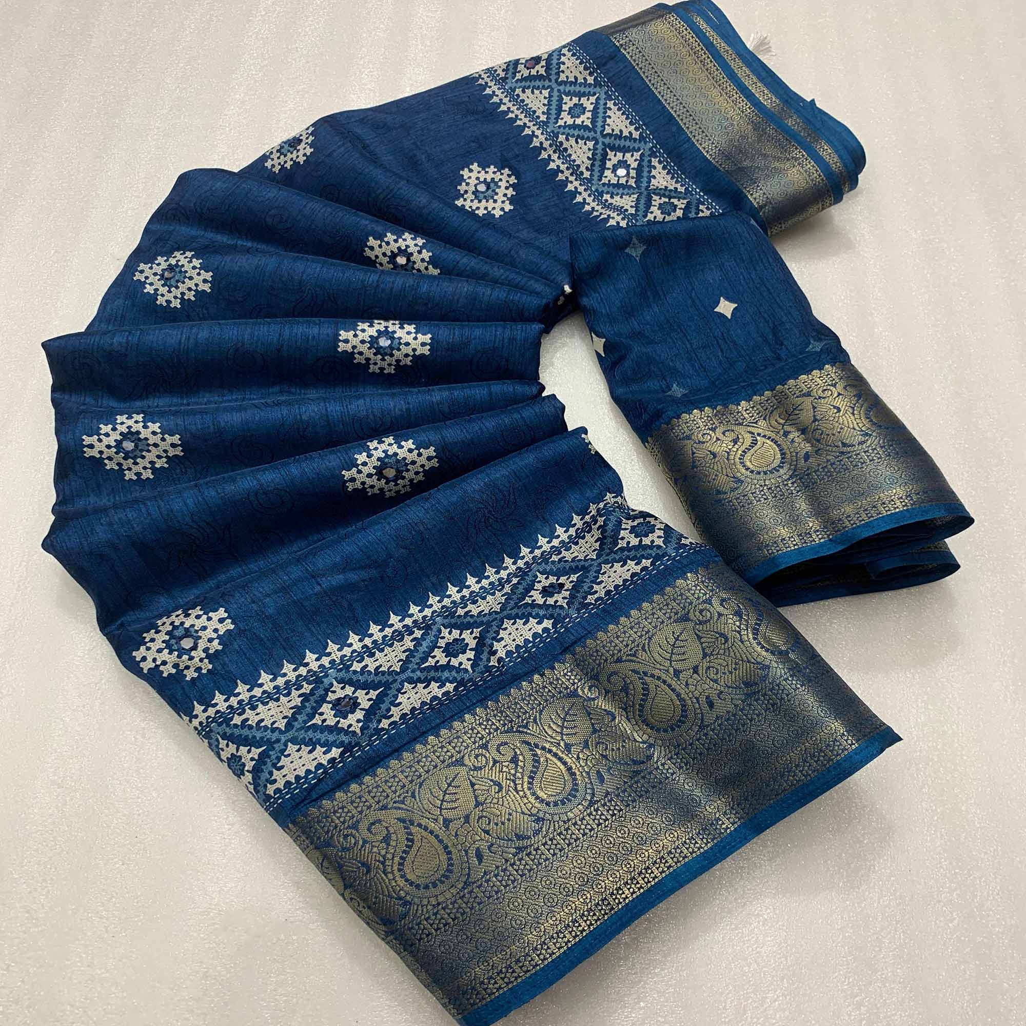 Blue Printed With Mirror Work Crepe Saree With Tassels