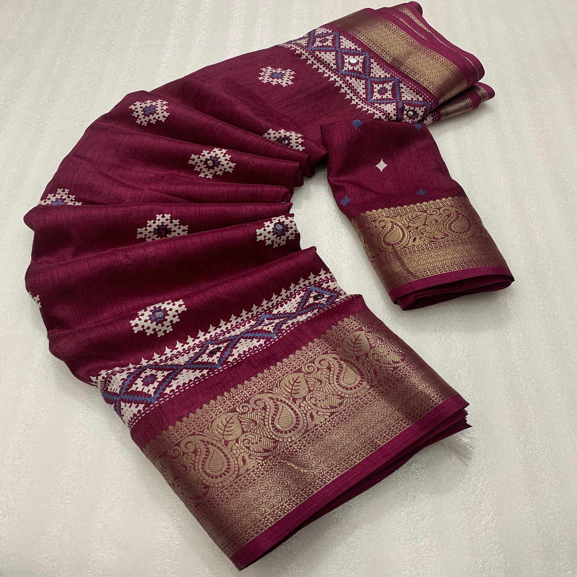 Burgundy Printed With Mirror Work Crepe Saree With Tassels