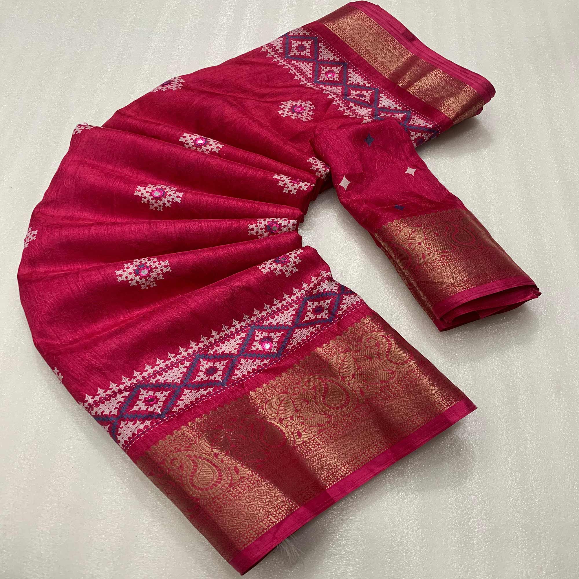 Pink Printed With Mirror Work Crepe Saree With Tassels