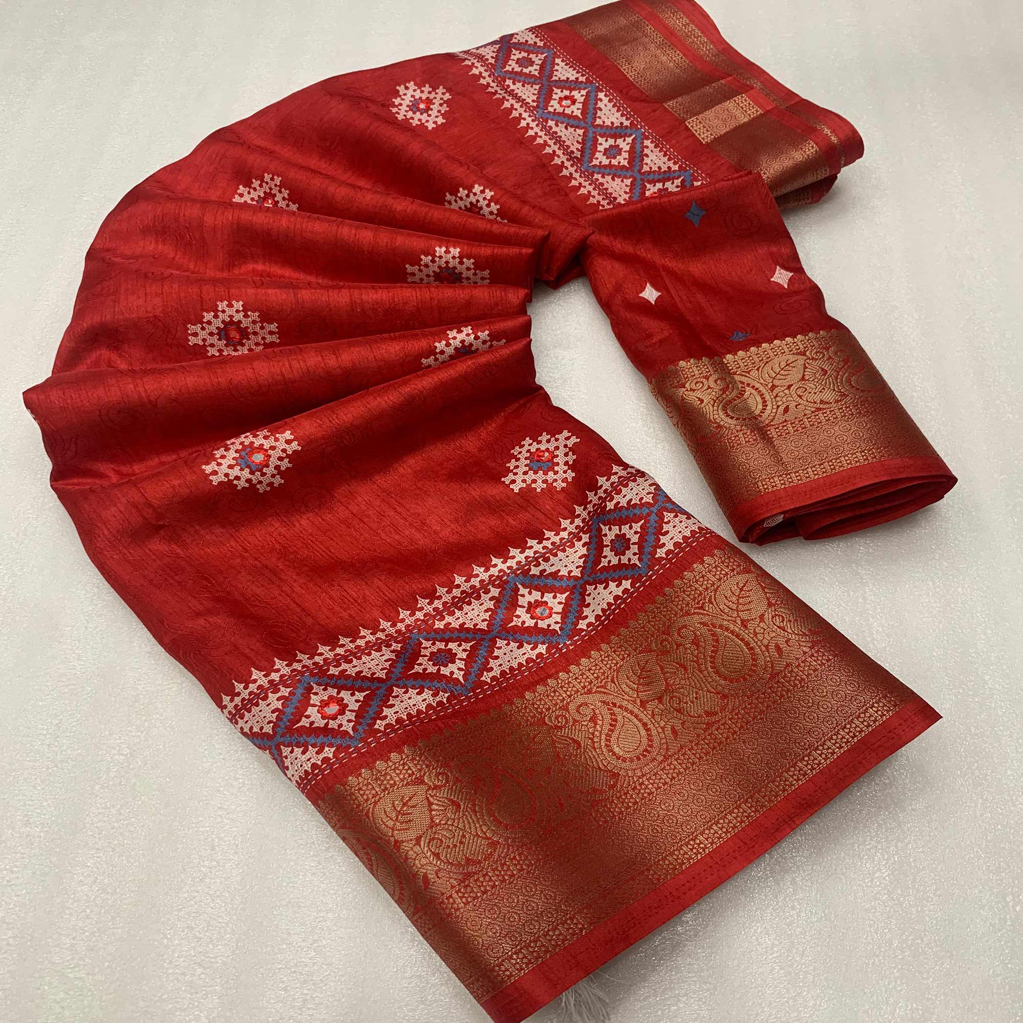 Red Printed With Mirror Work Crepe Saree With Tassels