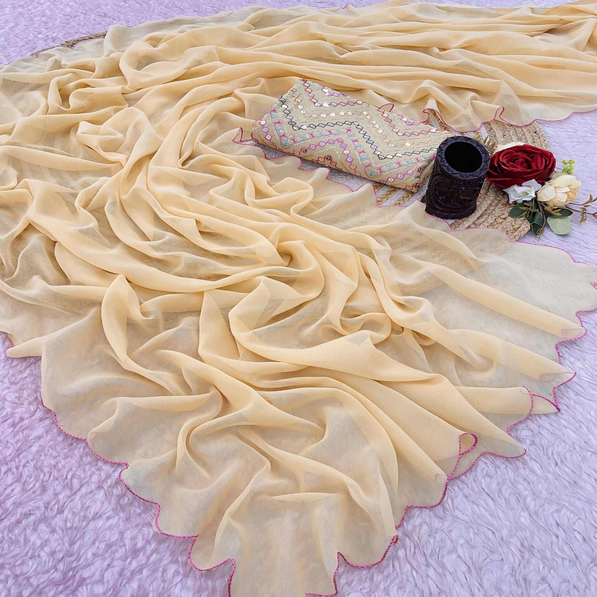 Beige Solid Georgette Saree