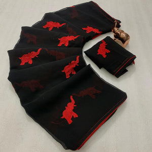 Black Georgette Saree Featuring Exquisite Elephant Embroidery