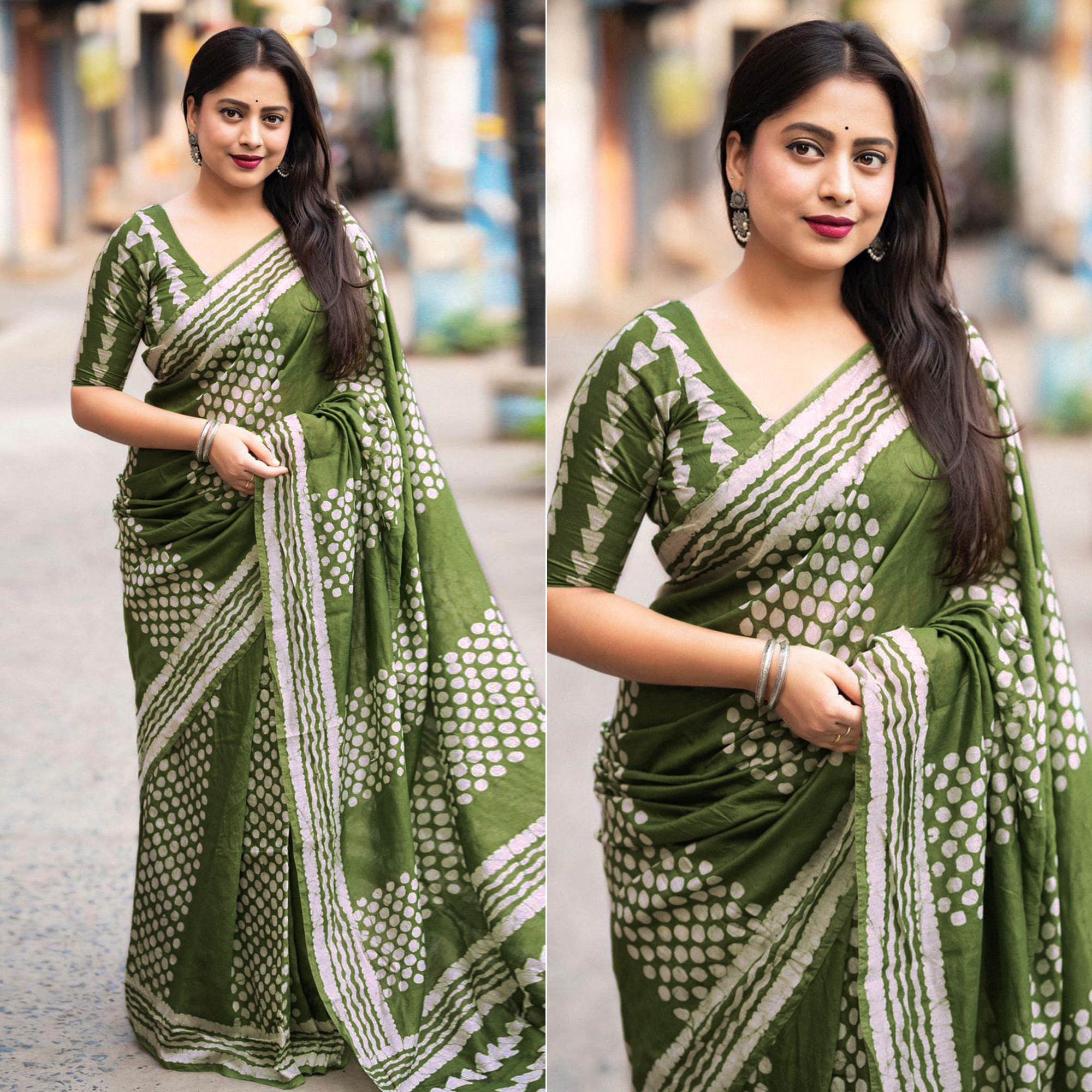 Green Printed Chanderi Saree With Tassels