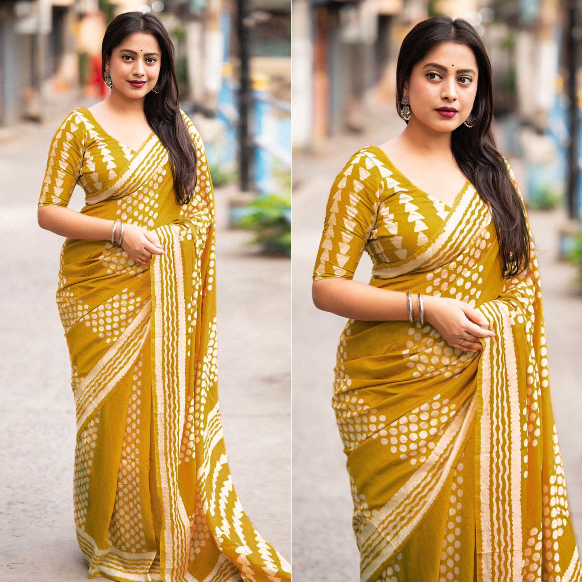 Mustard Printed Chanderi Saree With Tassels