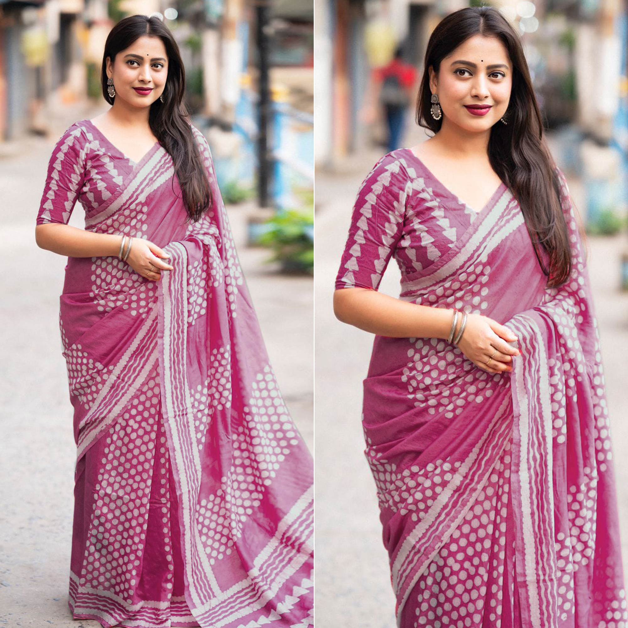 Pink Printed Chanderi Saree With Tassels