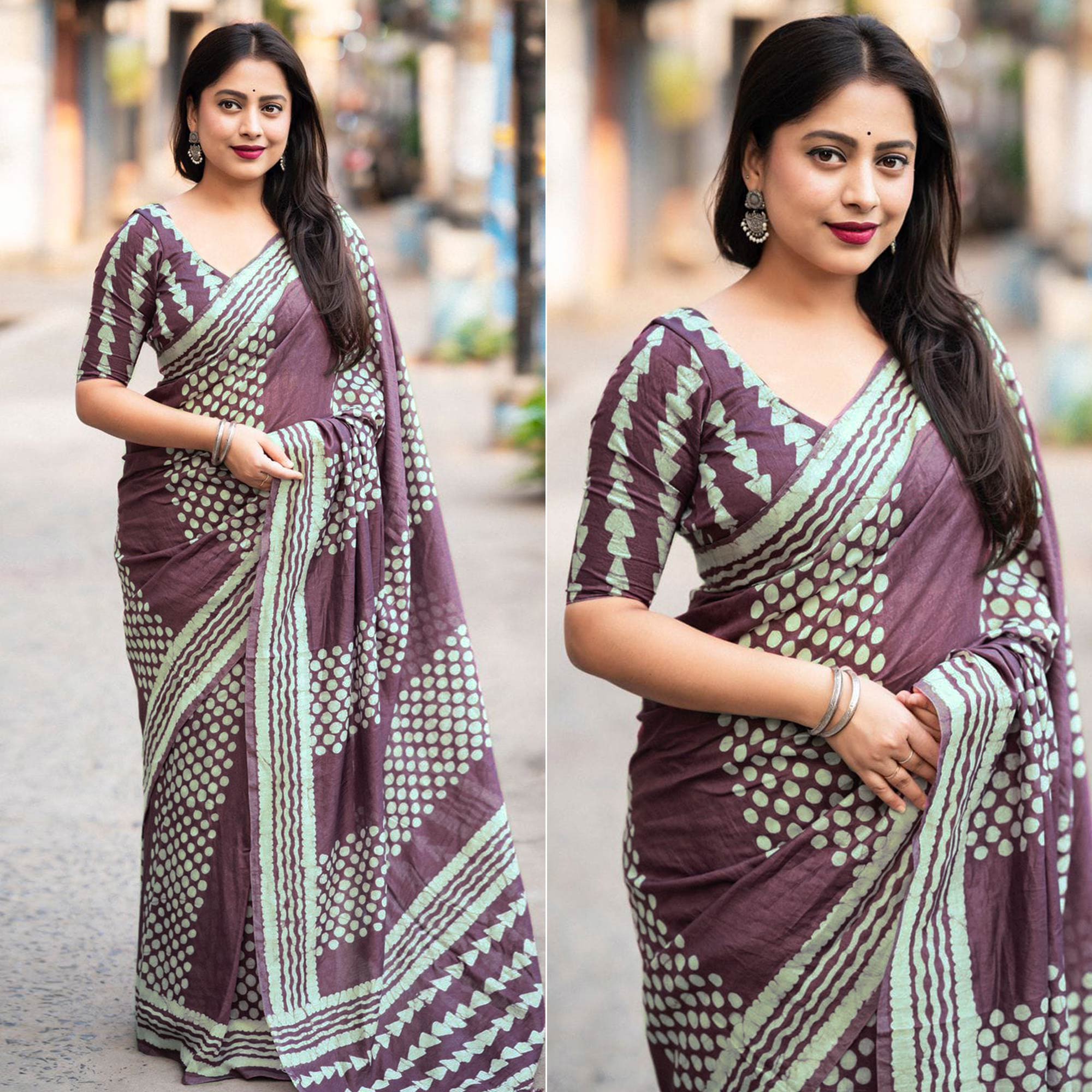 Purple Printed Chanderi Saree With Tassels