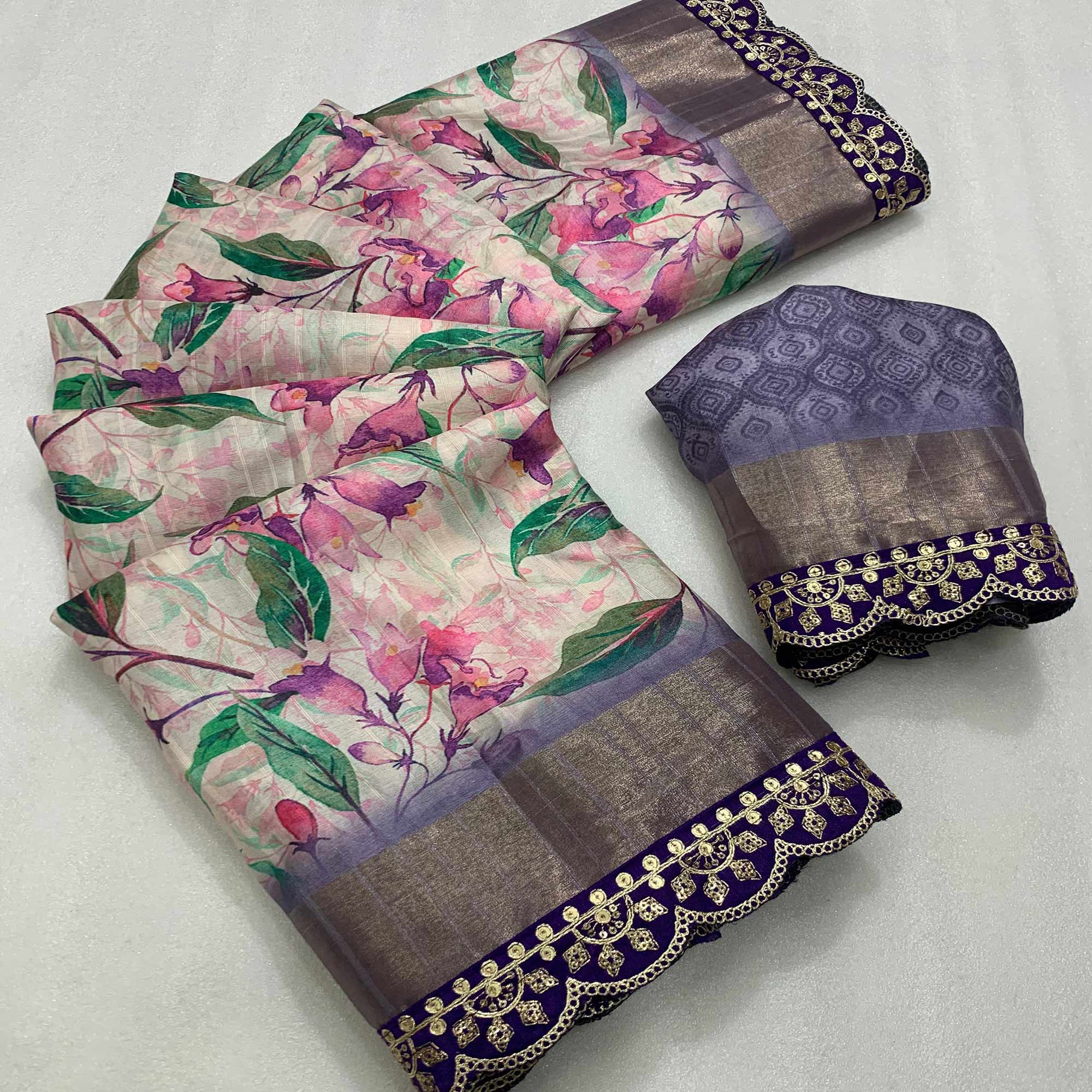 Cream & Violet Floral Digital Printed Tussar Silk Saree With Sequins Embroidered Border