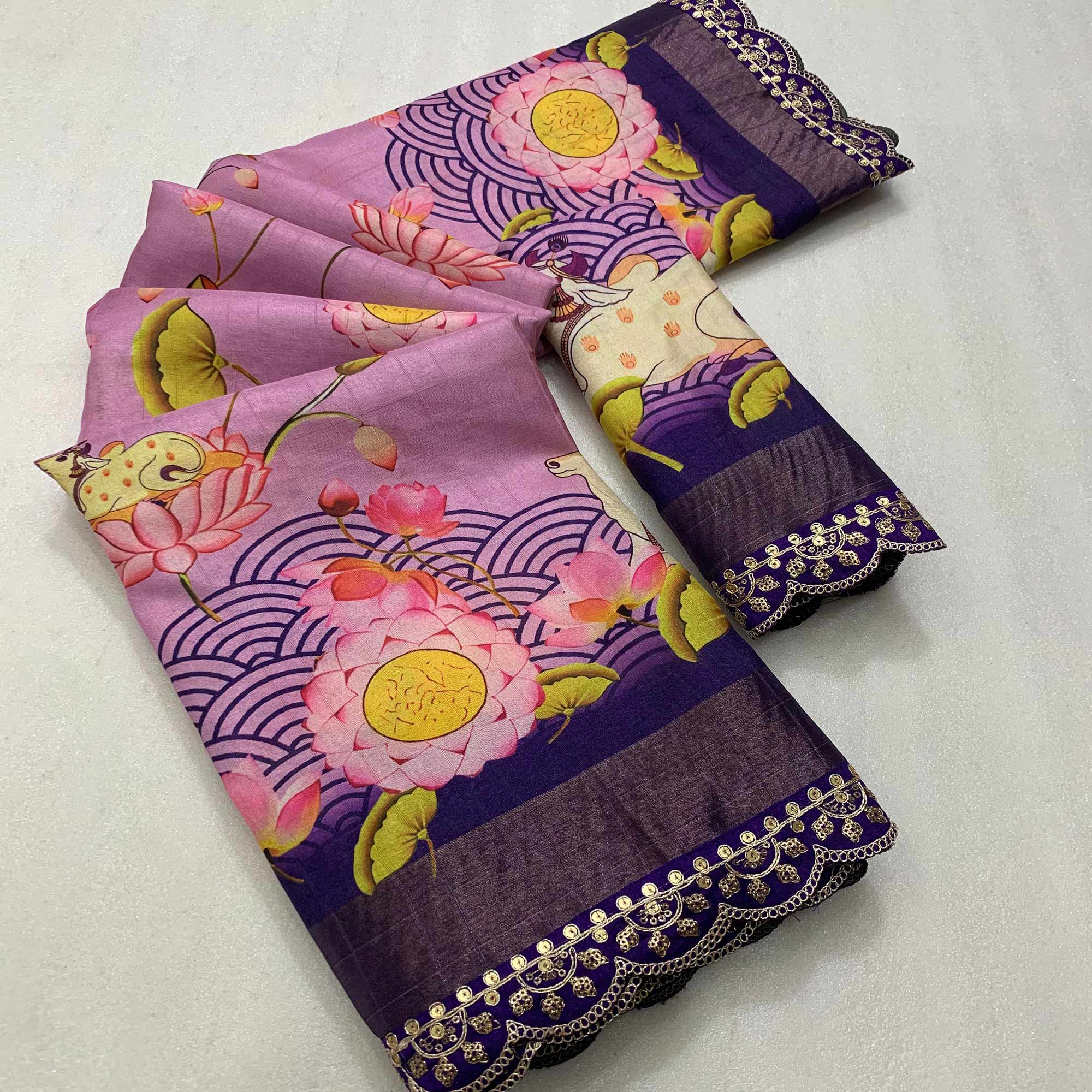 Light Lavender Floral Digital Printed Tussar Silk Saree With Sequins Embroidered Border