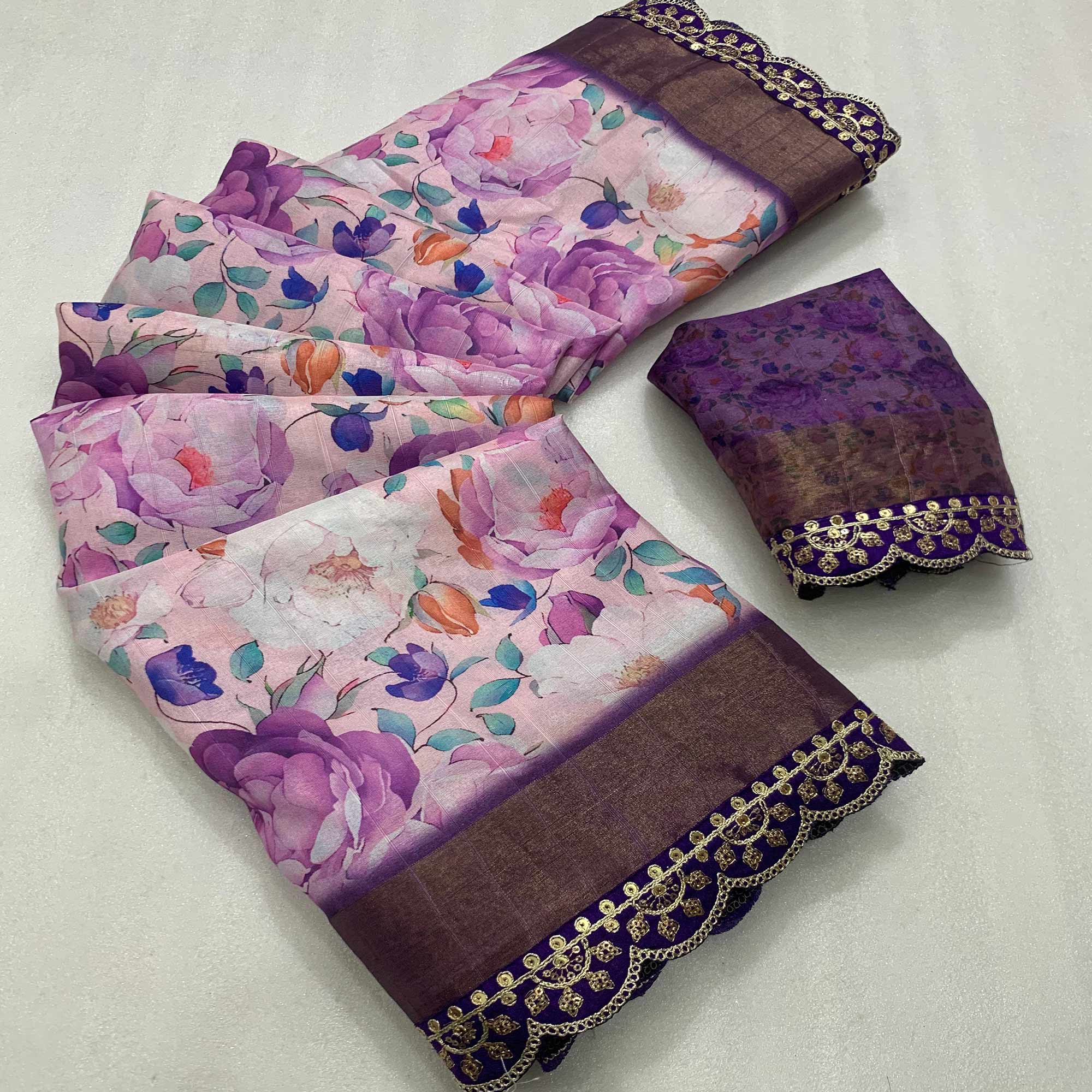 Purple Floral Digital Printed Tussar Silk Saree With Sequins Embroidered Border