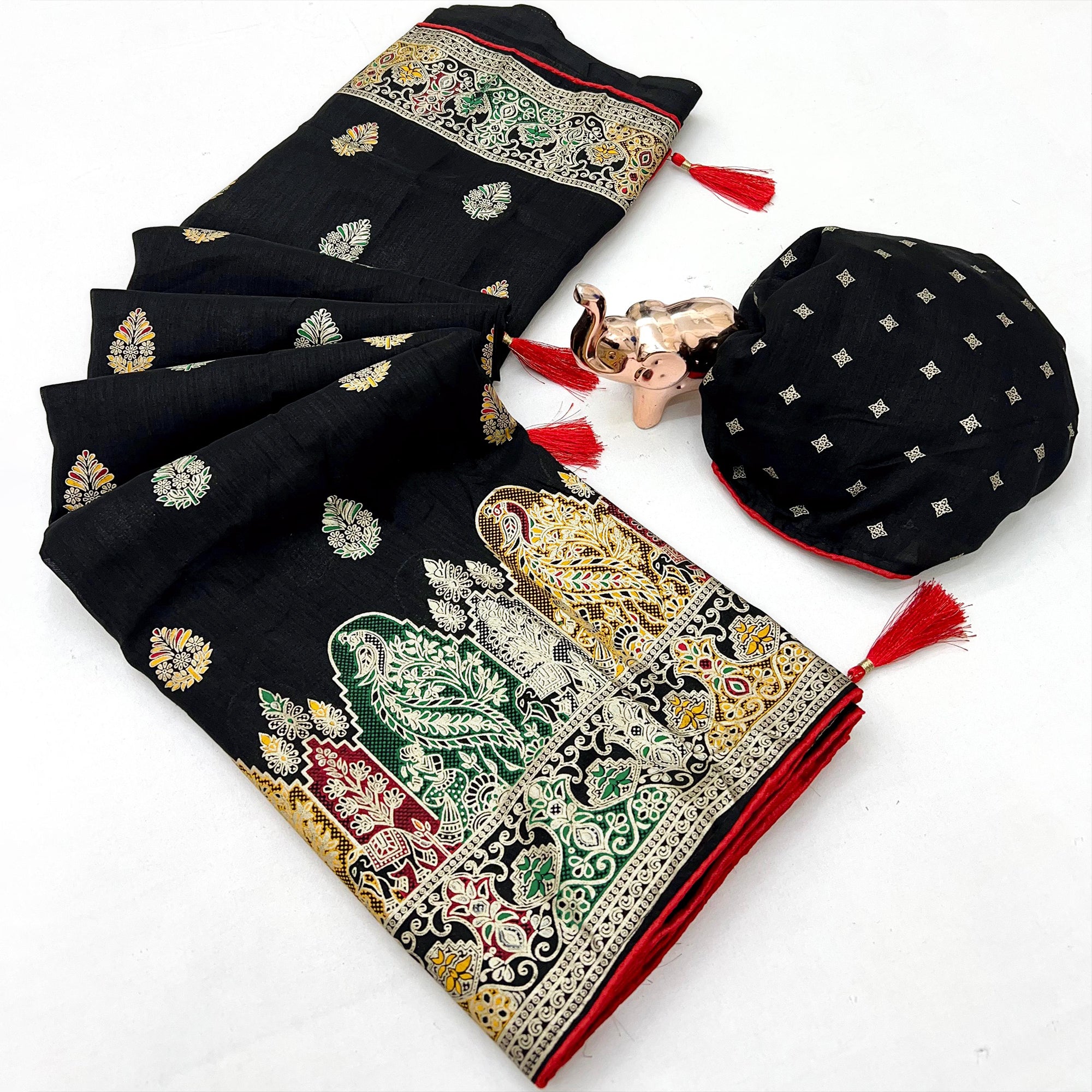 Black Luxury Pure Silk Saree Crafted With Floral Meenakari Foil Print & Trendy Tassel Pallu