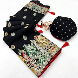 Black Luxury Pure Silk Saree Crafted With Floral Meenakari Foil Print & Trendy Tassel Pallu