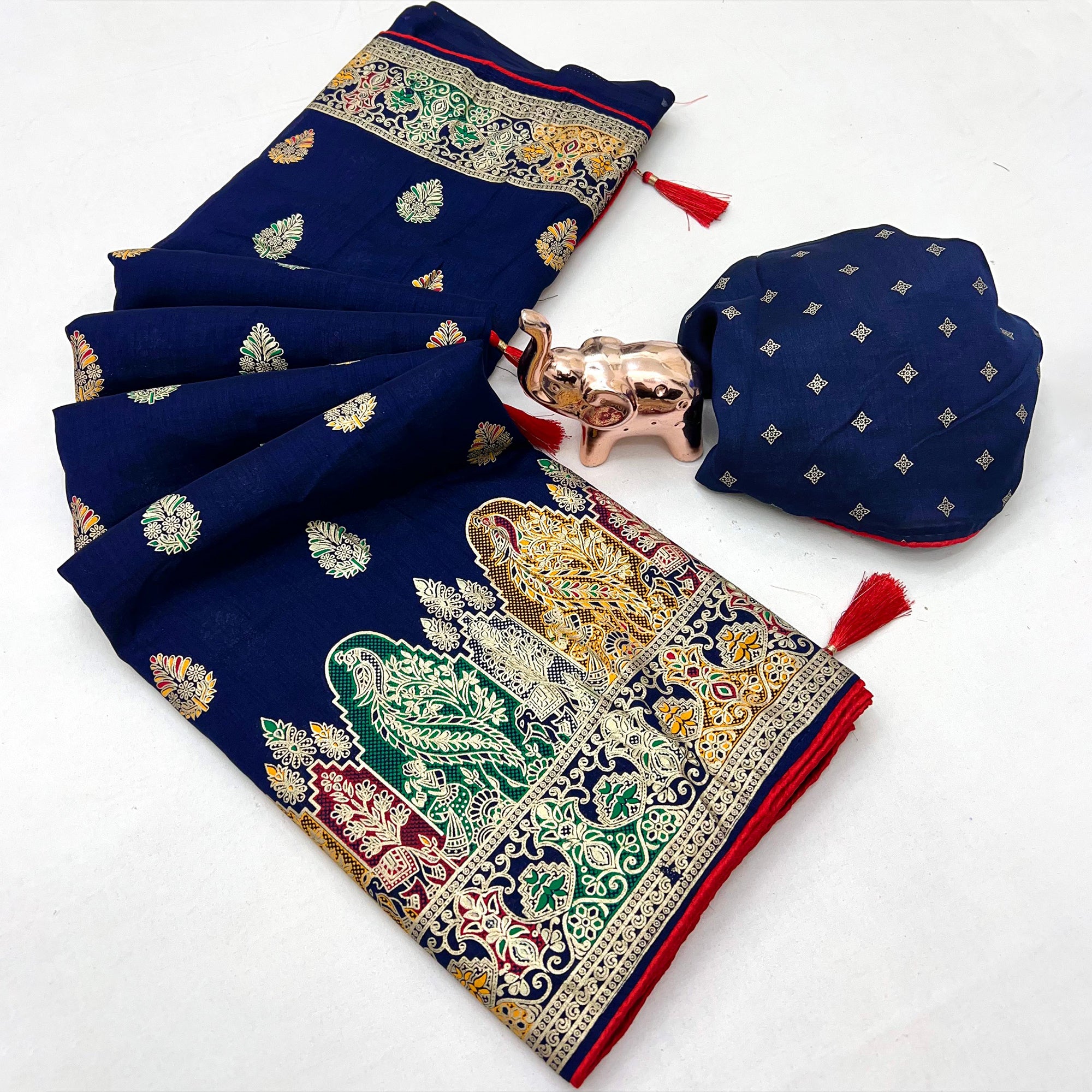 Blue Luxury Pure Silk Saree Crafted With Floral Meenakari Foil Print & Trendy Tassel Pallu