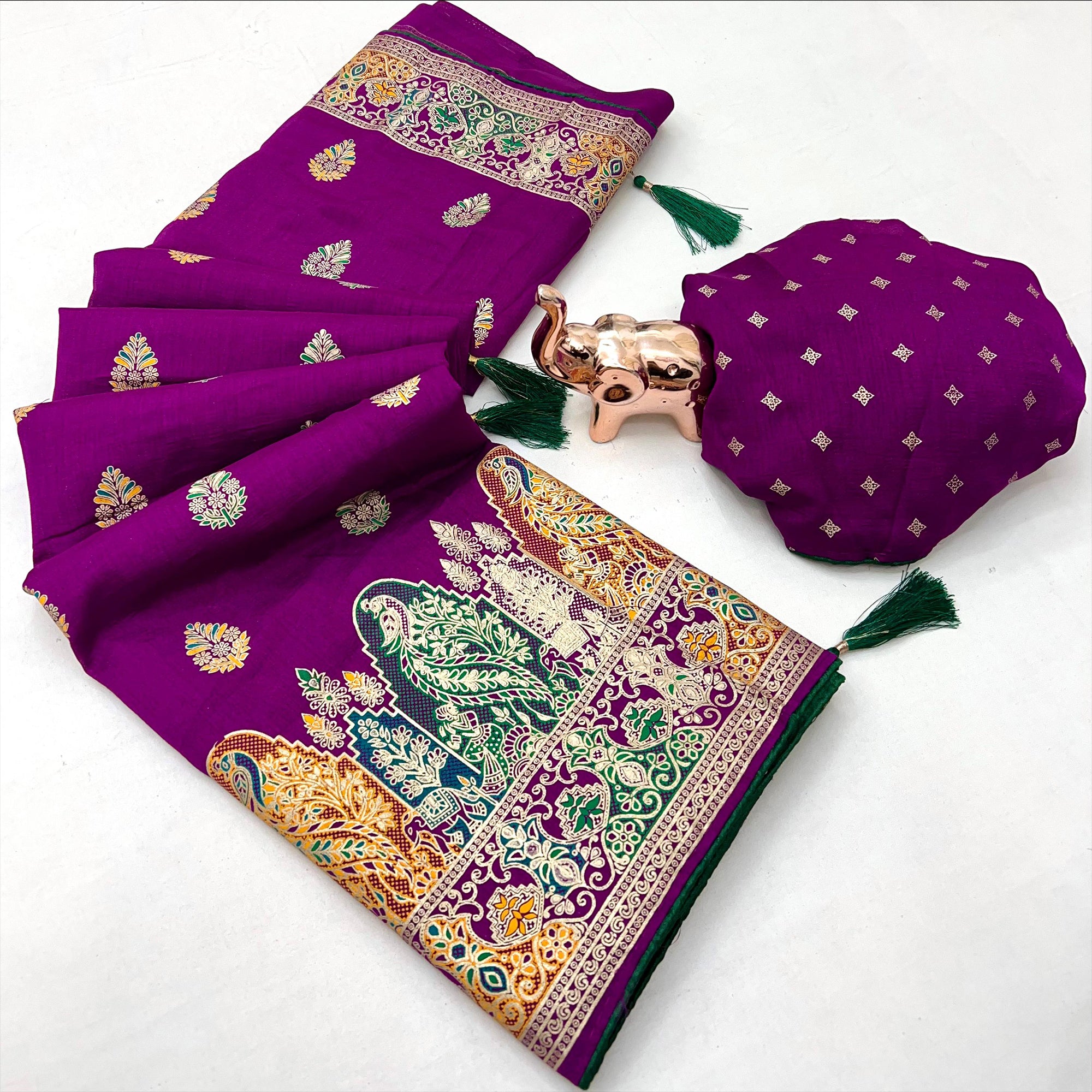 Dark Magenta Luxury Pure Silk Saree Crafted With Floral Meenakari Foil Print & Trendy Tassel Pallu