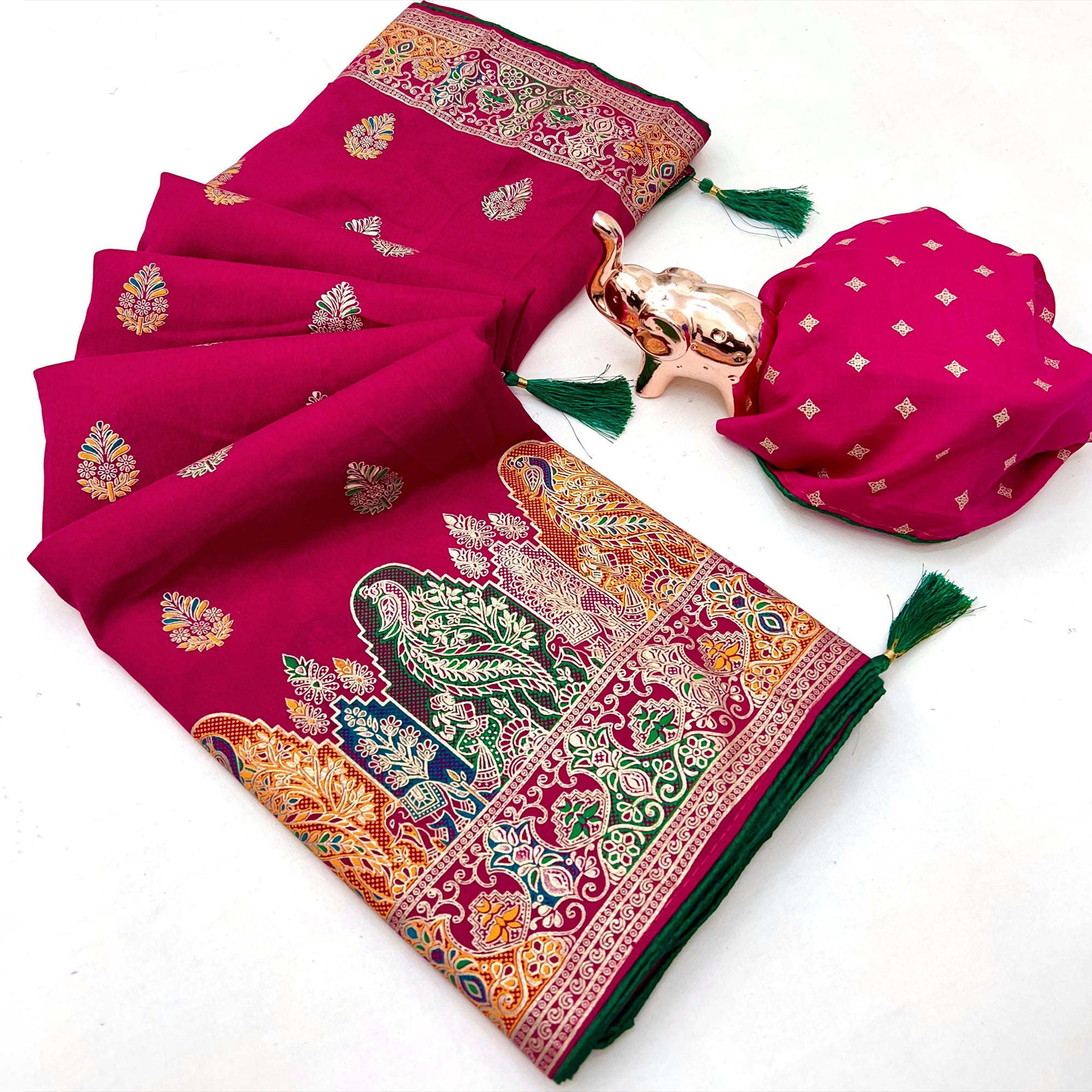 Pink Luxury Pure Silk Saree Crafted With Floral Meenakari Foil Print & Trendy Tassel Pallu