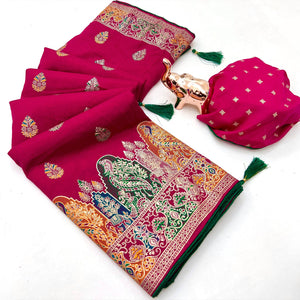 Pink Luxury Pure Silk Saree Crafted With Floral Meenakari Foil Print & Trendy Tassel Pallu