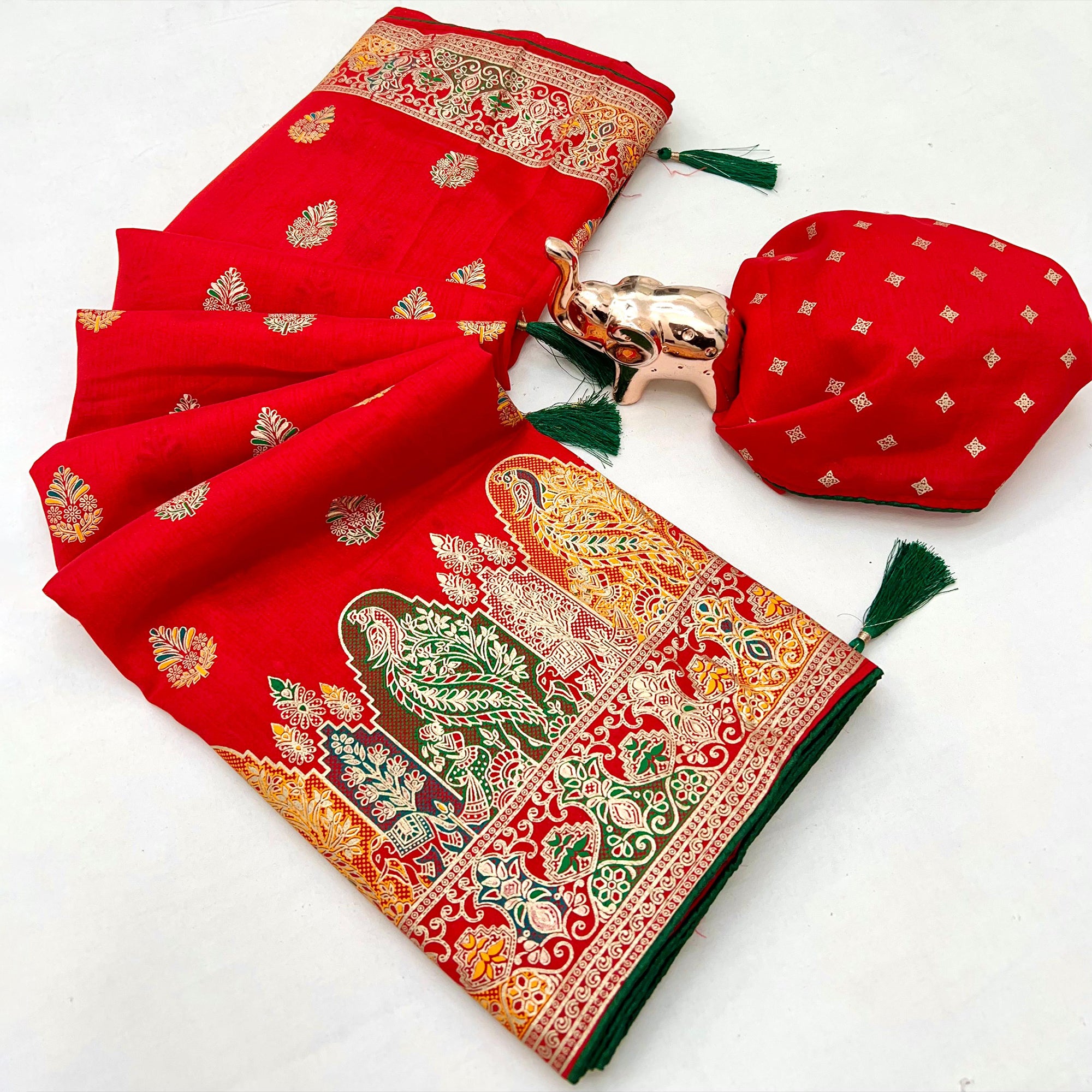 Red Luxury Pure Silk Saree Crafted With Floral Meenakari Foil Print & Trendy Tassel Pallu