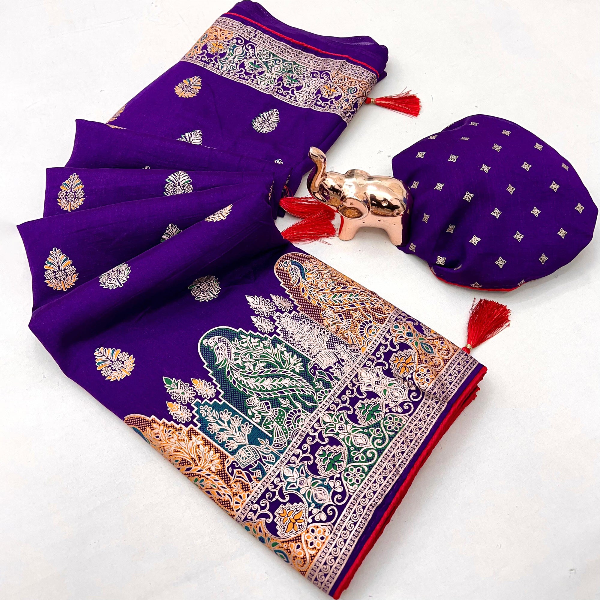 Royal Purple Luxury Pure Silk Saree Crafted With Floral Meenakari Foil Print & Trendy Tassel Pallu