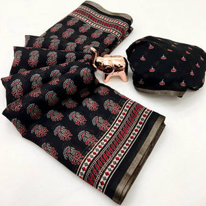 Black Floral Printed Cotton Blend Saree With Zari Weaving Border