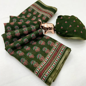 Green Floral Printed Cotton Blend Saree With Zari Weaving Border