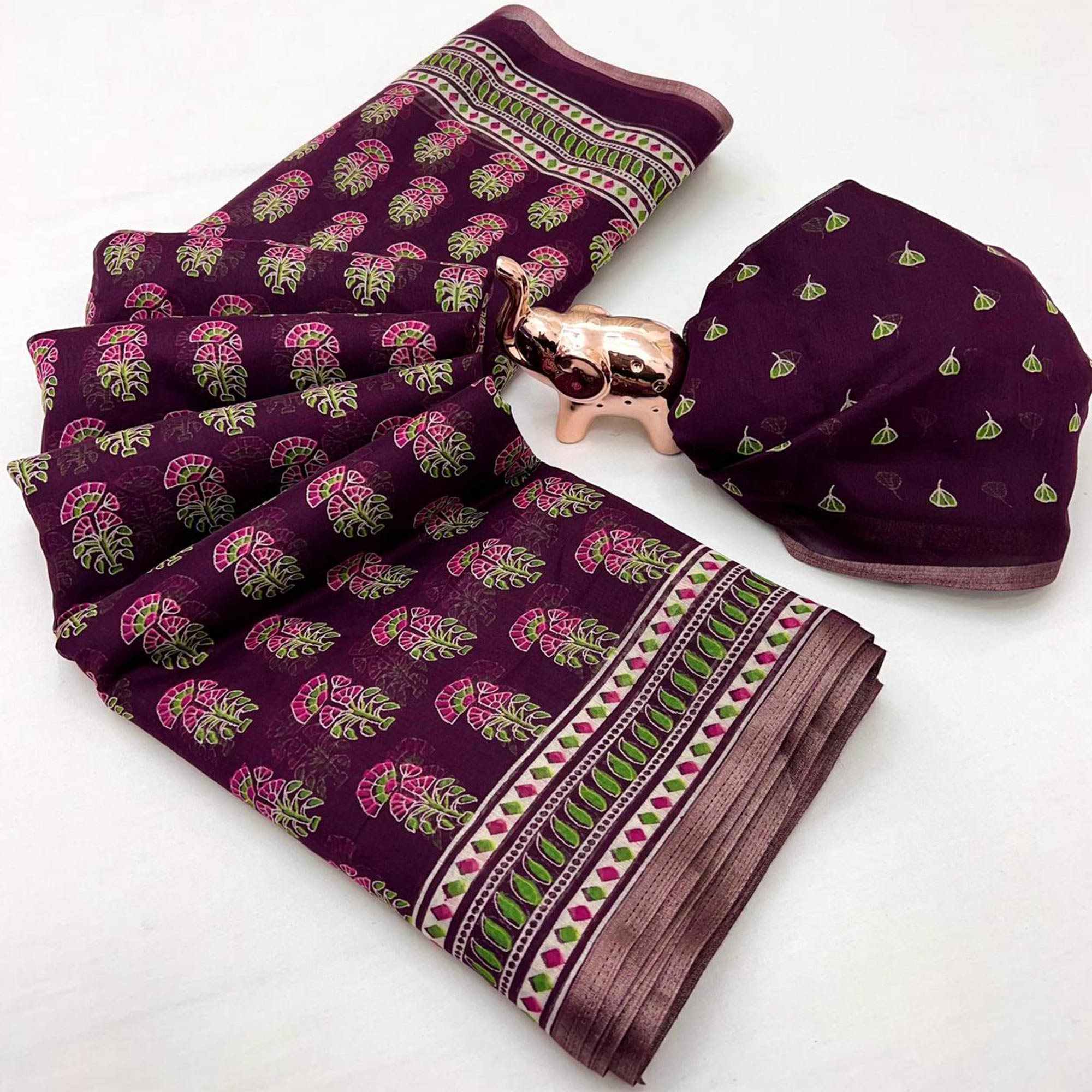 Wine Floral Printed Cotton Blend Saree With Zari Weaving Border