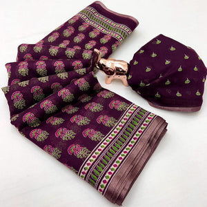 Wine Floral Printed Cotton Blend Saree With Zari Weaving Border