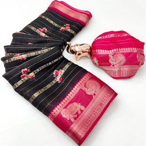 Black Floral Weaving Mysore Silk Saree With Peacock Printed Pallu & Two Tone Padding Border