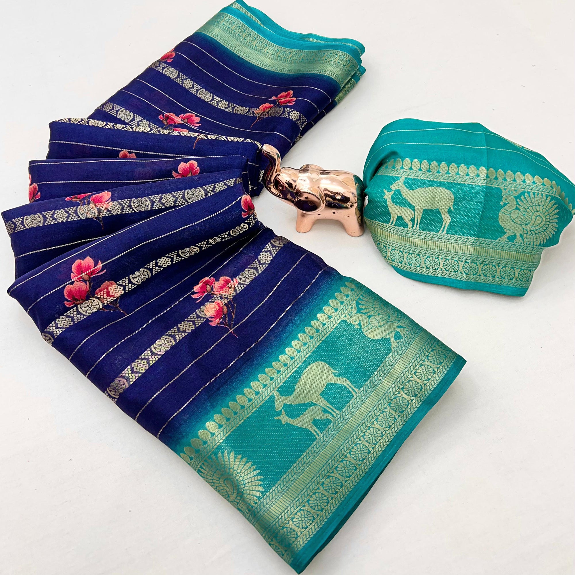 Navy Blue Floral Weaving Mysore Silk Saree With Peacock Printed Pallu & Two Tone Padding Border