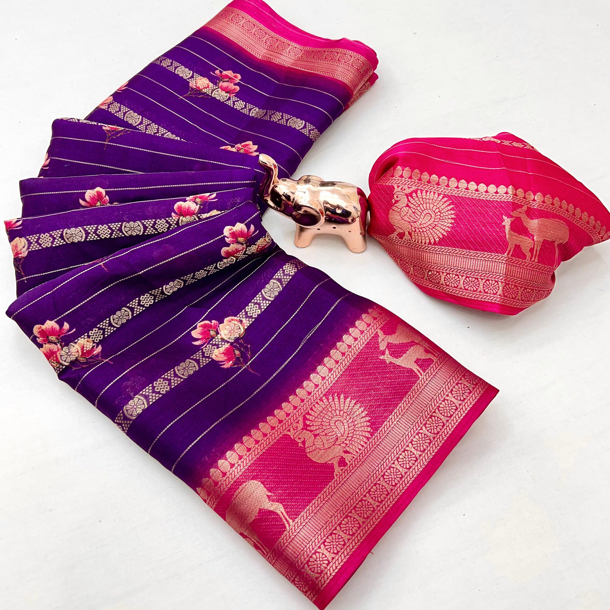 Purple Floral Weaving Mysore Silk Saree With Peacock Printed Pallu & Two Tone Padding Border