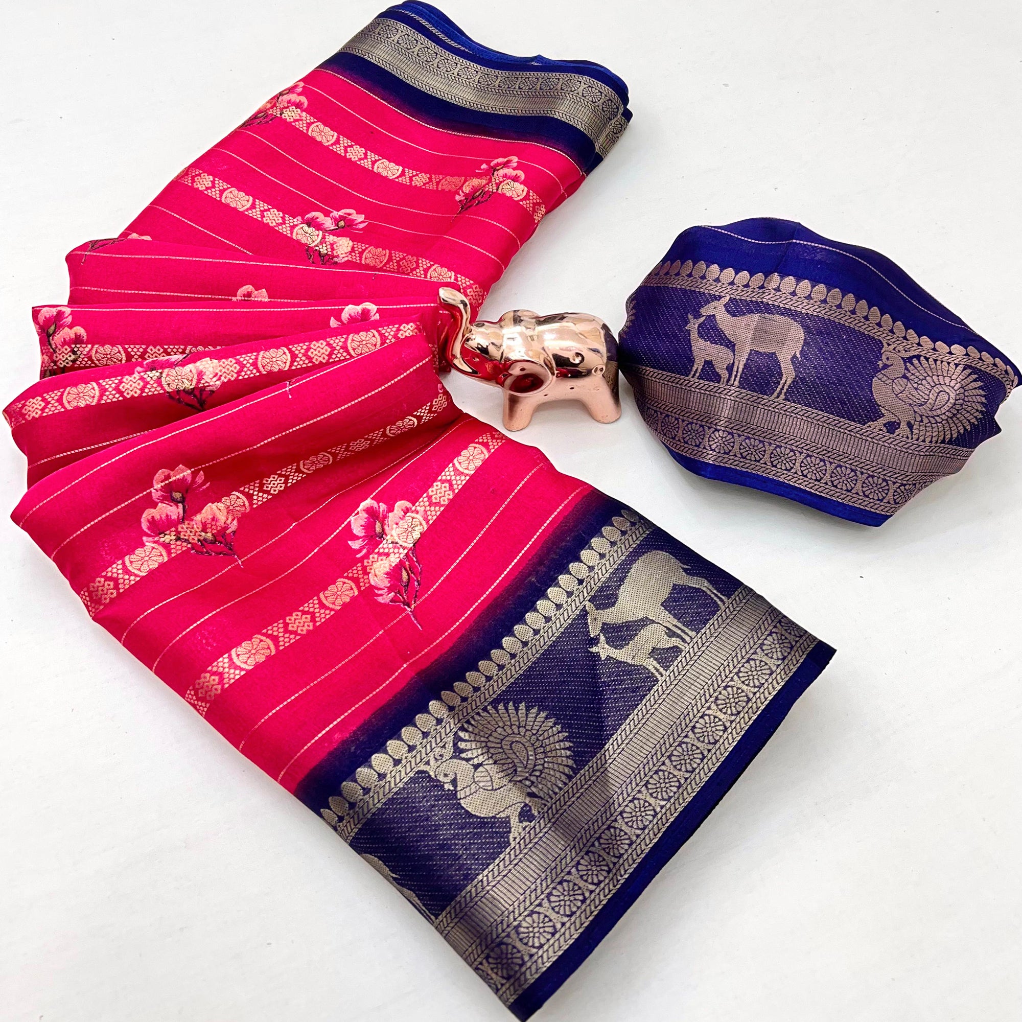 Rani Pink Floral Weaving Mysore Silk Saree With Peacock Printed Pallu & Two Tone Padding Border