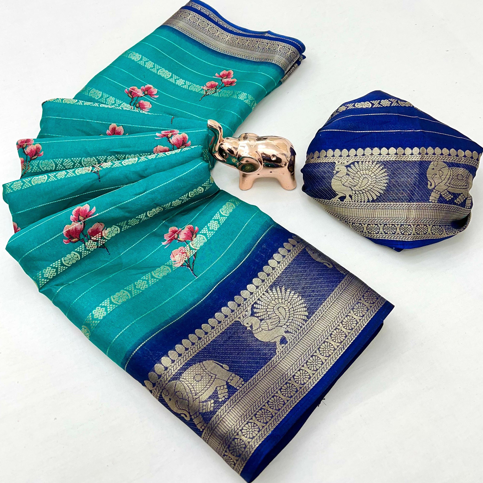 Turquoise Floral Weaving Mysore Silk Saree With Peacock Printed Pallu & Two Tone Padding Border