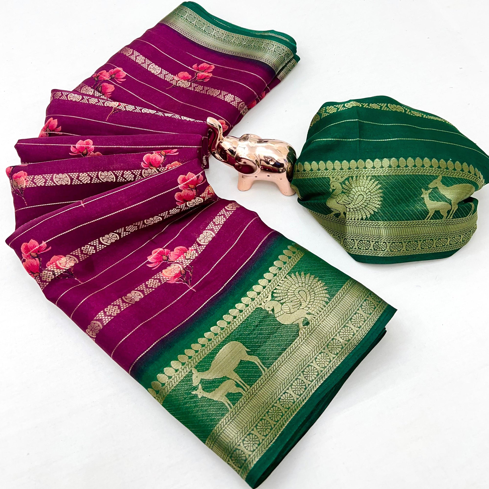 Wine Floral Weaving Mysore Silk Saree With Peacock Printed Pallu & Two Tone Padding Border